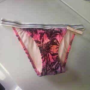 VICTORIA'S SECRET WOMENS SIZE M PINK SMOCKED CHEEKY BIKINI BOTTOM PALM PRINT NEW